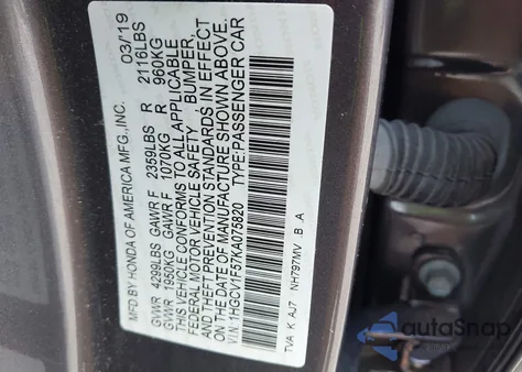 2019 Honda Accord Ex-L из США, поврежденный, VIN 1HGCV1F57KA075820